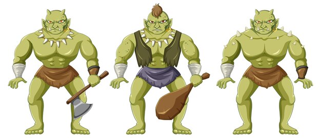 Tres personajes de dibujos animados orcos aislados