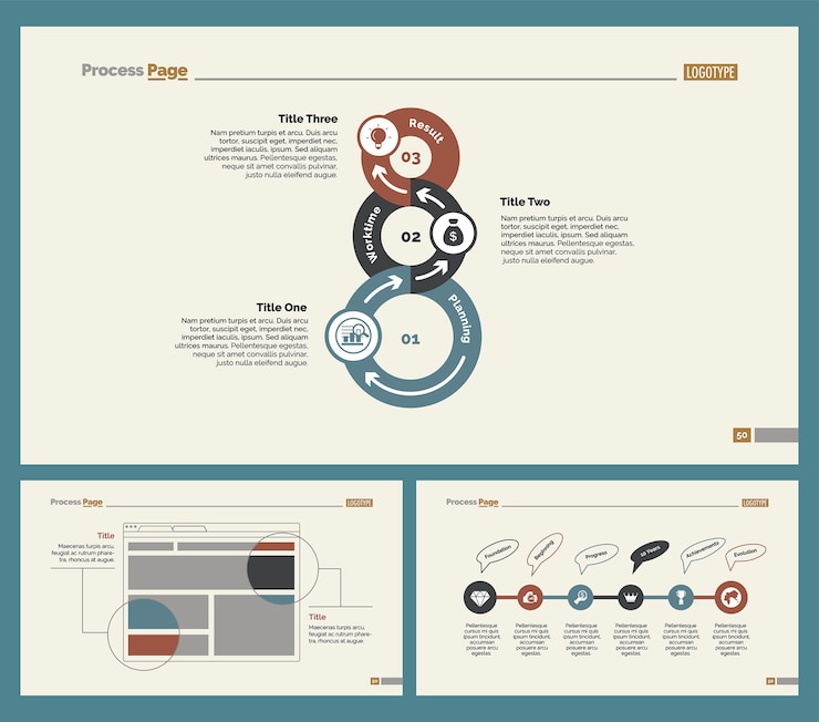 Vector gratuito tres plantillas de diapositivas de flujo de trabajo