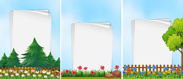 Tres plantillas de papel con fondo de jardín