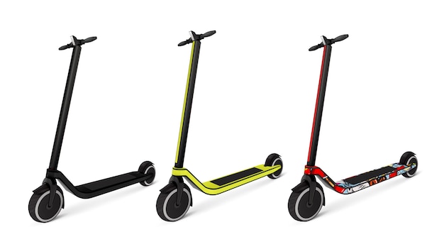 Tres scooters eléctricos realistas de diferentes colores en la ilustración aislada de la batería