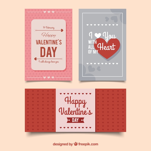 Tres tarjetas de feliz día de san valentín en diseño retro