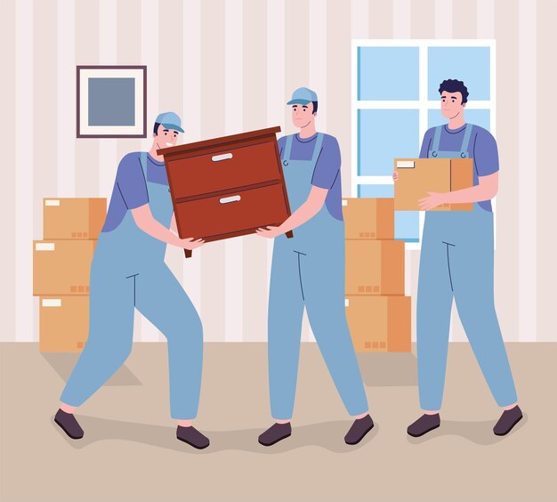 Tres trabajadores en movimiento