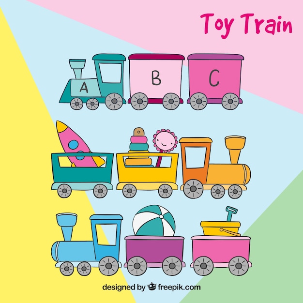 Vector gratuito tres trenes de juguetes dibujados a mano
