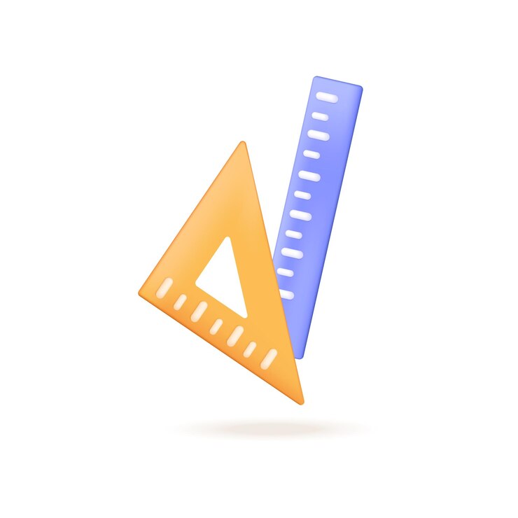 Vector gratuito triángulo amarillo y regla azul para la ilustración 3d de los estudiantes. dibujo de dibujos animados de herramientas o útiles escolares para clases de matemáticas en estilo 3d sobre fondo blanco. educación, concepto de papelería.