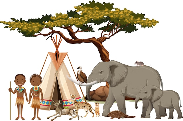 Vector gratuito tribu africana con grupo de animales salvajes africanos en blanco