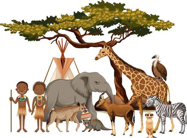Tribu africana con grupo de animales salvajes africanos