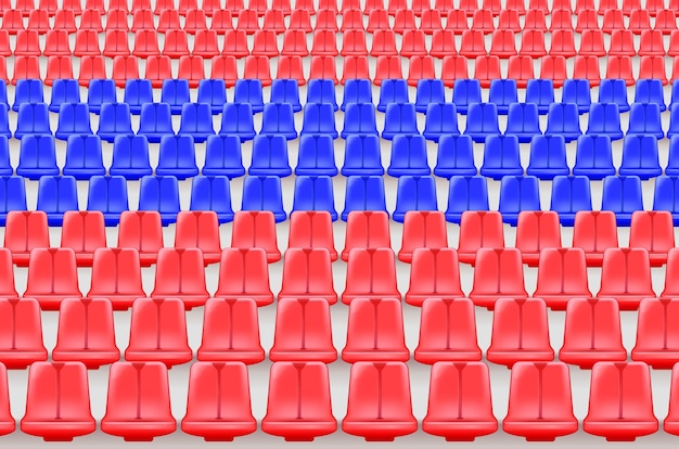 Vector gratuito tribuna de estadio realista con vista de asientos de plástico vacíos para fanáticos coloreados en ilustración vectorial roja y azul