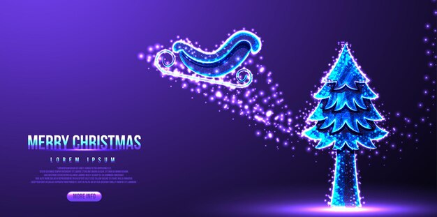 Trineo de Santa, pinos, página de inicio de feliz navidad, estructura de alambre de baja poli, ilustración vectorial