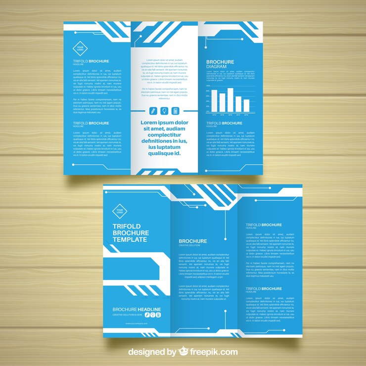 Vector gratuito tríptico de negocios azul con gráficos 