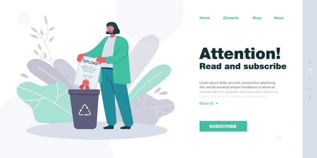 Triste graduada arrojando diploma a la papelera de reciclaje. Chica poniendo certificado en el reciclaje de basura puede ilustración vectorial plana. Educación, concepto de decepción para banner o página web de destino