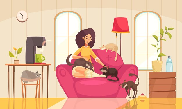 Triste mujer solitaria sentada en el sofá en casa y acariciando dibujos animados de gatos