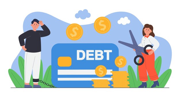 Triste persona encadenada a tarjeta de crédito. Hombre con deuda de alto interés pagando gastos, trabajador bancario con tijeras ilustración vectorial plana. Finanzas o dinero, concepto de deuda para banner o página web de inicio