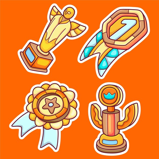Trofeo y Copa ganadora Iconos de pegatinas Dibujado a mano para colorear Vector