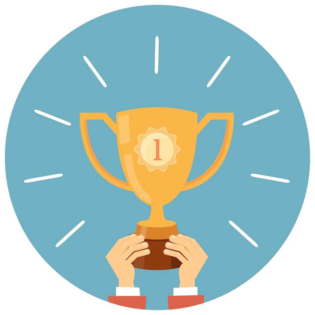 Trofeo, manos sosteniendo la ilustración de vector de copa de ganador en estilo plano