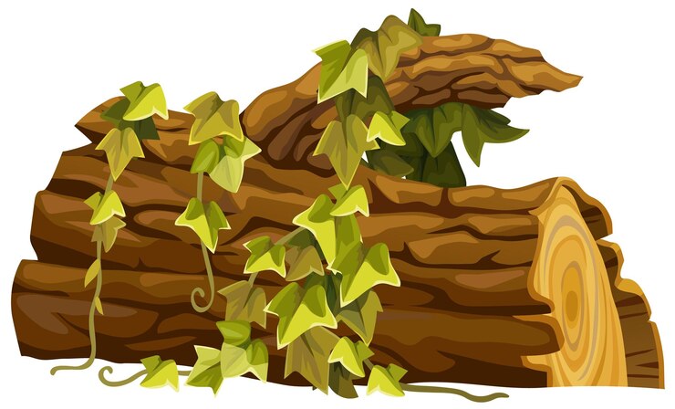 Tronco de tocón con ramas de liana hiedra Pieza rota de dibujos animados de madera y jungla enredadera