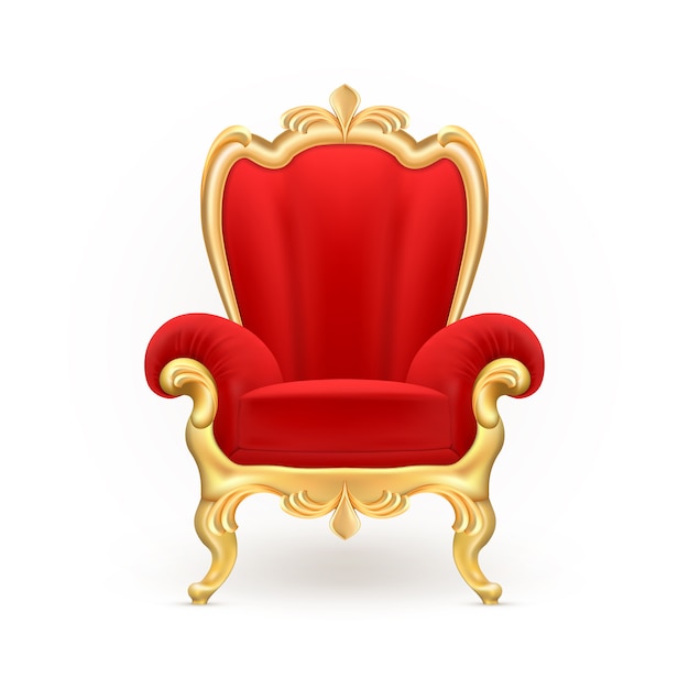 Trono real, lujosa silla roja con patas doradas talladas aisladas en el fondo.