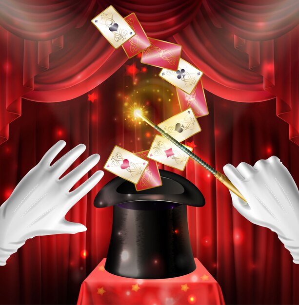 Truco de magia con cartas volando sombrero negro