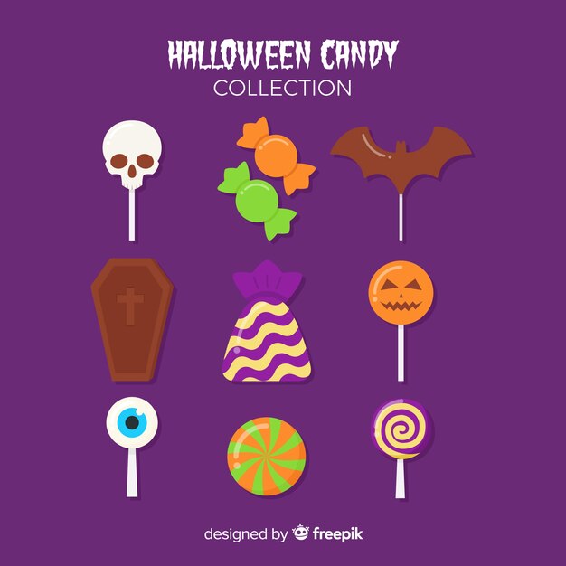 Truco o trato dulces para halloween sobre fondo morado