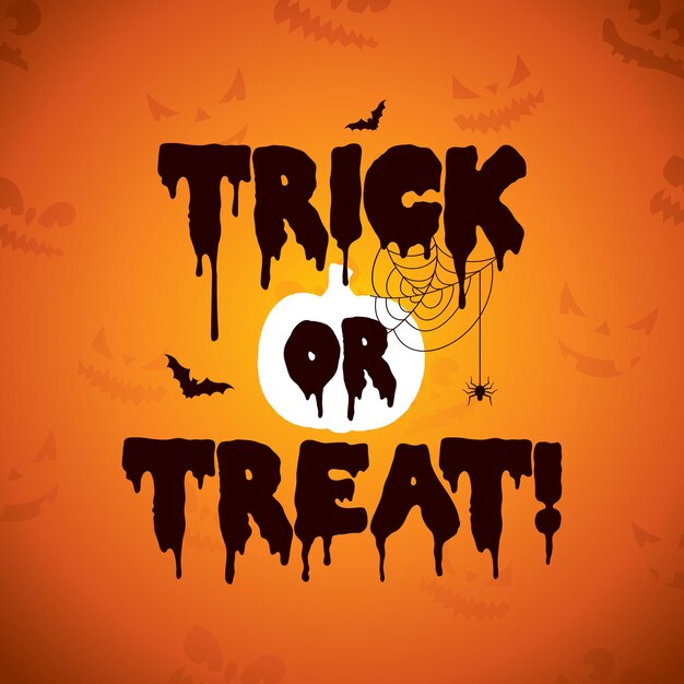 Truco o trato ilustración de halloween con espeluznante calabaza sihouette volando murciélagos y araña en naranja ...