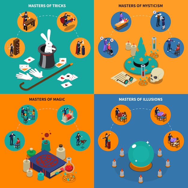 Trucos de magia y misticismo composiciones isométricas