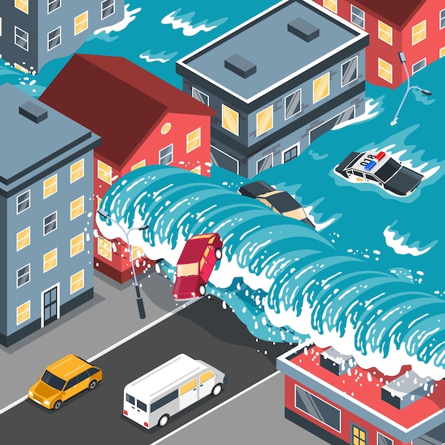 Tsunami de desastres naturales golpeando la ciudad con vista de calles inundadas ilustración vectorial isométrica