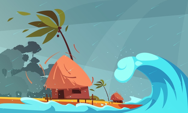 Vector gratuito tsunami frente al mar con bungalow y costa tropical