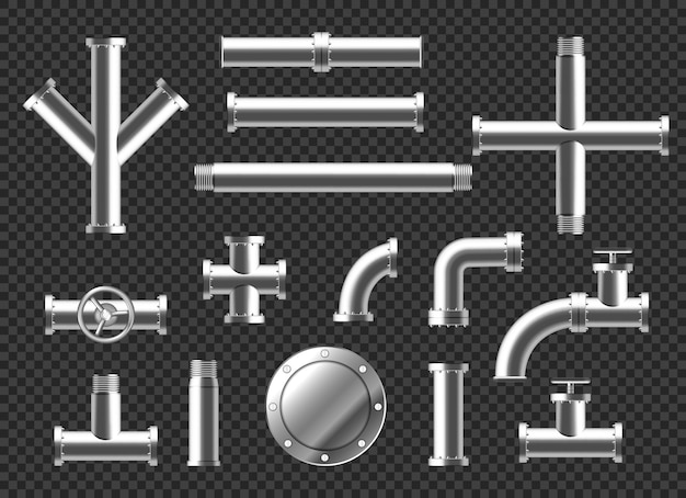 Tuberías y accesorios de fontanería conjunto 3d realista. tubería de metal o plástico con válvulas, rosca y grifos. conexiones ramificadas metálicas de acero inoxidable aisladas sobre fondo transparente