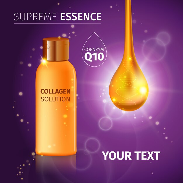 Tubo cosmético realista dorado con solución de colágeno crema o esencia