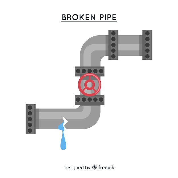 Tubo de metal roto que gotea agua en diseño plano