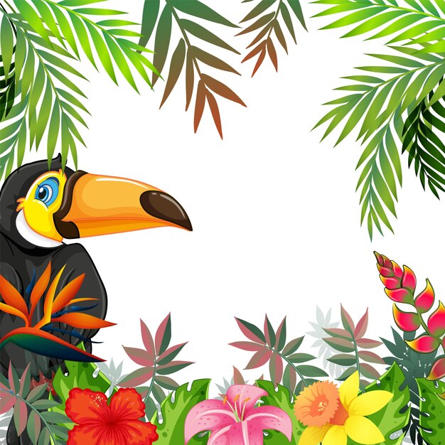Tucán tropical con un marco de flores exóticas