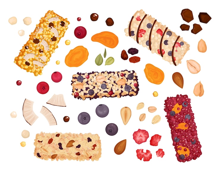 Vector gratuito tuercas de grano de barra saludable con semillas aisladas, bayas y barras de proteína enteras en la ilustración de vector de fondo en blanco