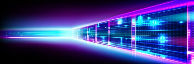 Túnel de la sala del centro de datos con resplandor de luz de neón