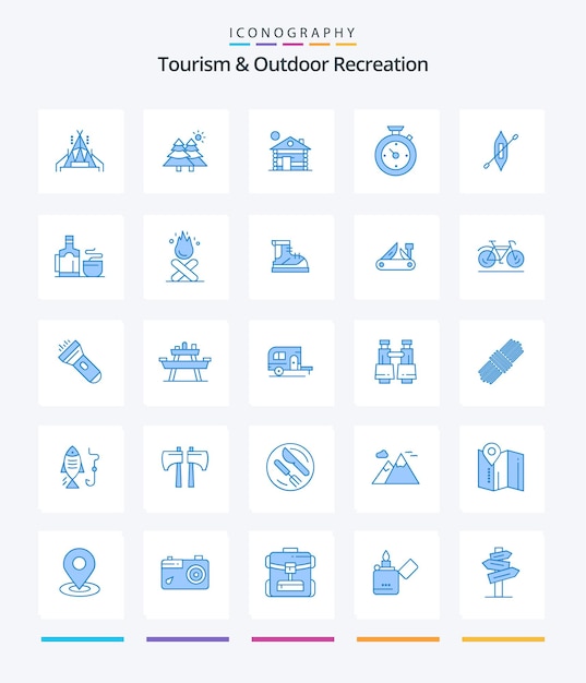 Vector gratuito turismo creativo y recreación al aire libre 25 paquete de iconos azules como el temporizador de hotel de construcción de botes de kayak