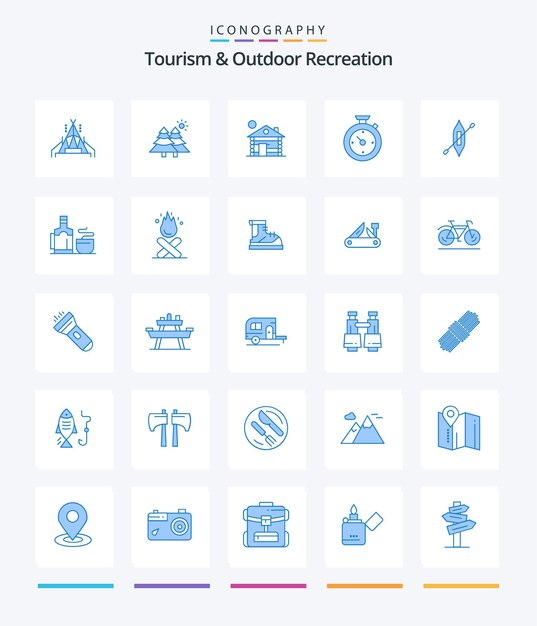 Turismo creativo y recreación al aire libre 25 paquete de iconos azules como el temporizador de hotel de construcción de botes de kayak