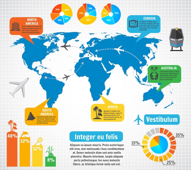 Turismo elementos infográficos conjunto con mapa del mundo destinos de viaje ilustración vectorial
