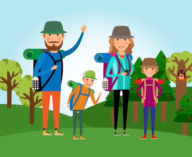 Vector gratuito turismo de naturaleza. familia en la ilustración del bosque. estilo de vida y personas, viaje al aire libre, madre e hija, padre e hijo