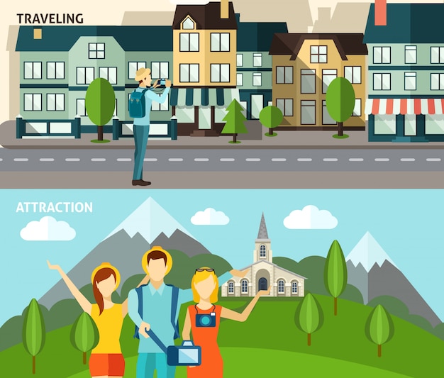 Turismo viajando conjunto de banners planos horizontales