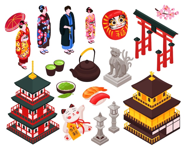 Turismo de viaje isométrico de japón con elementos de arquitectura aislados y personas con trajes tradicionales en la ilustración de vector de fondo en blanco