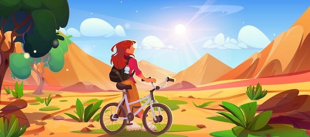 Vector gratuito turista con bicicleta mirando las dunas de arena