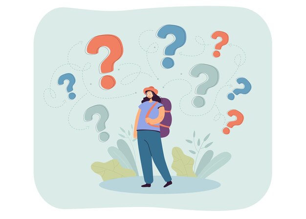 Turista femenina con signos de interrogación sobre la cabeza. Chica con mochila pensando, preguntándose, tomando decisiones ilustración vectorial plana. Viajes, concepto de viaje para banner, diseño de sitio web o página web de inicio