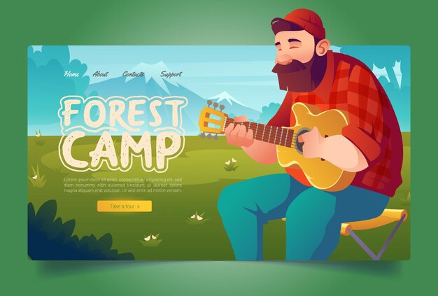 Turista de hombre de página de aterrizaje de dibujos animados de campamento forestal tocando la guitarra en el paisaje de montaña