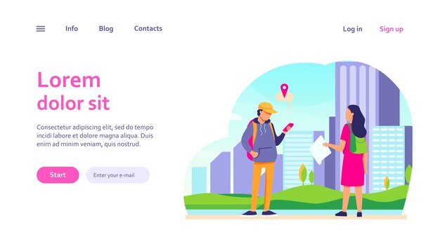 Turista con mapa de papel preguntando destino. Hombre explicando el camino a la mujer, usando la aplicación de ubicación en el celular. Navegación, concepto de viaje para el diseño de sitios web o páginas web de destino