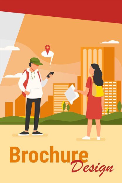 Turista con mapa de papel preguntando destino. Hombre explicando el camino a la mujer, usando la aplicación de ubicación en la ilustración de vector plano celular. Navegación, concepto de viaje