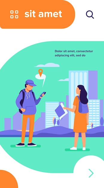 Turista con mapa de papel preguntando destino. Hombre explicando el camino a la mujer, usando la aplicación de ubicación en la ilustración de vector plano celular