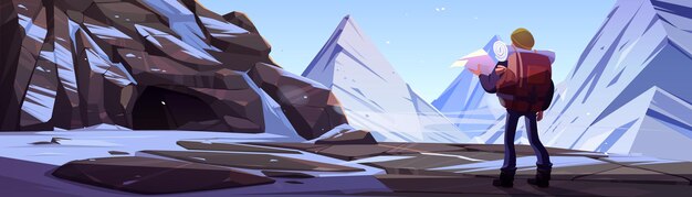 Turista con mochila y soporte de mapa en el paisaje rocoso nevado en busca de ruta. Hombre viajero perdido en las montañas de invierno, viaje de viaje, aventura de senderismo extremo explorador, ilustración vectorial de dibujos animados