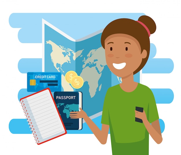 Vector gratuito turista mujer con mapa global y pasaporte