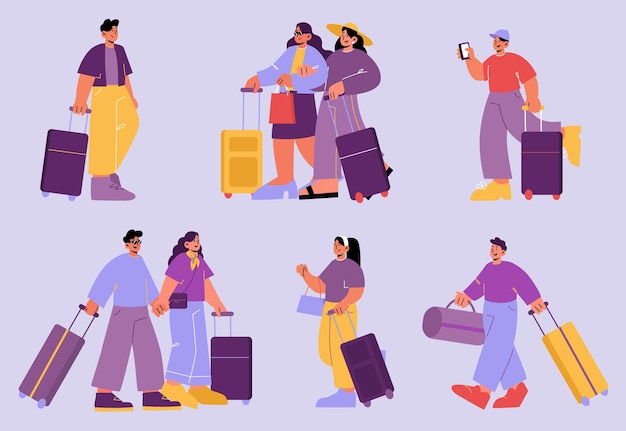 Vector gratuito los turistas viajan con maletas y bolsos. hombres, mujeres, amigos y parejas con equipaje van de viaje. ilustración de dibujos animados vectoriales de personas con equipaje aislado en el fondo