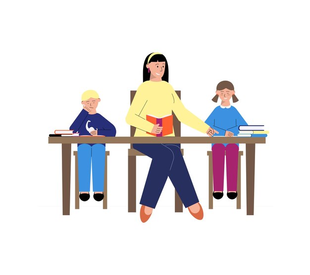 Tutoría de composición plana con niños leyendo con maestra
