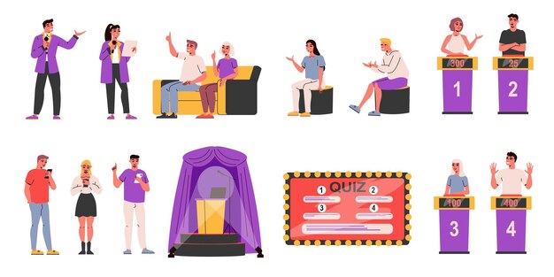 Tv quiz icon set jugadores y presentadores tarjetas de tareas escenario y pedestales para participantes ilustración vectorial
