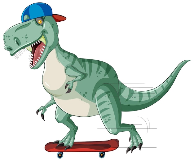 Tyrannosaurus rex dinosaurio en patineta en estilo de dibujos animados